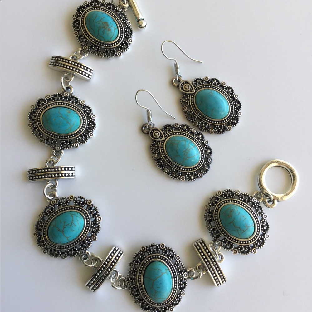 Bracelet and earrings set turquoise silver tone